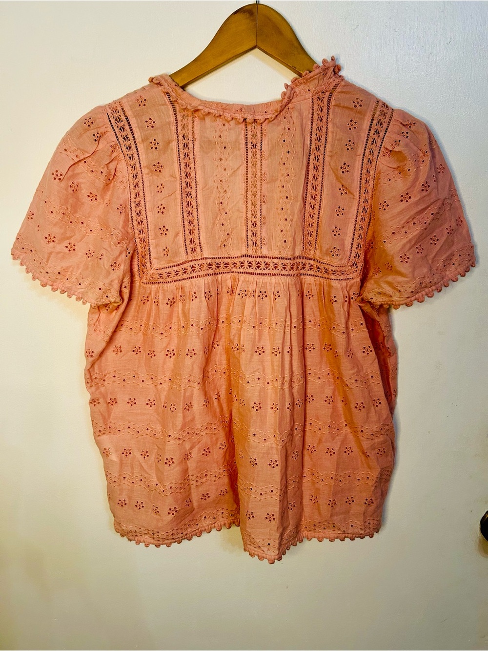 Soft Pink Eyelet Peasant Blouse with Tassel Tie - Picture 6 of 9